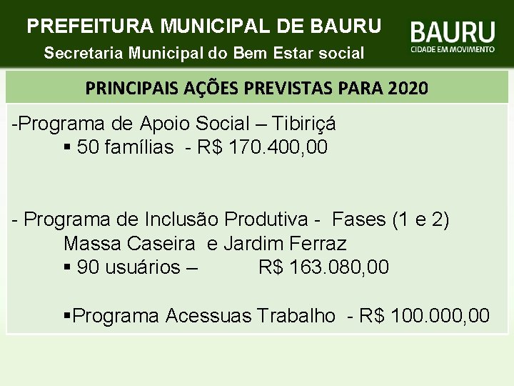 PREFEITURA MUNICIPAL DE BAURU Secretaria Municipal do Bem Estar social PRINCIPAIS AÇÕES PREVISTAS PARA