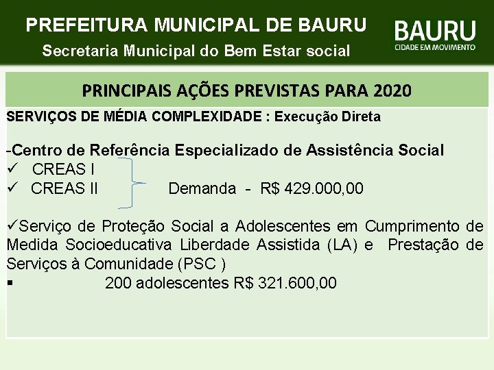 PREFEITURA MUNICIPAL DE BAURU Secretaria Municipal do Bem Estar social PRINCIPAIS AÇÕES PREVISTAS PARA