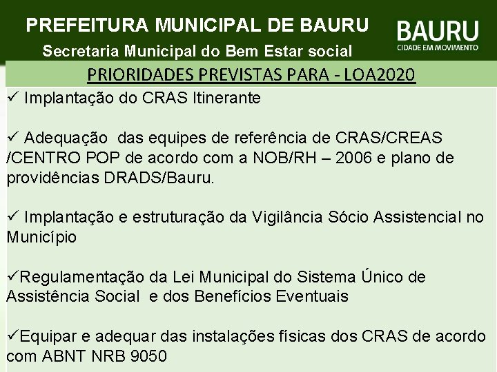 PREFEITURA MUNICIPAL DE BAURU Secretaria Municipal do Bem Estar social PRIORIDADES PREVISTAS PARA -