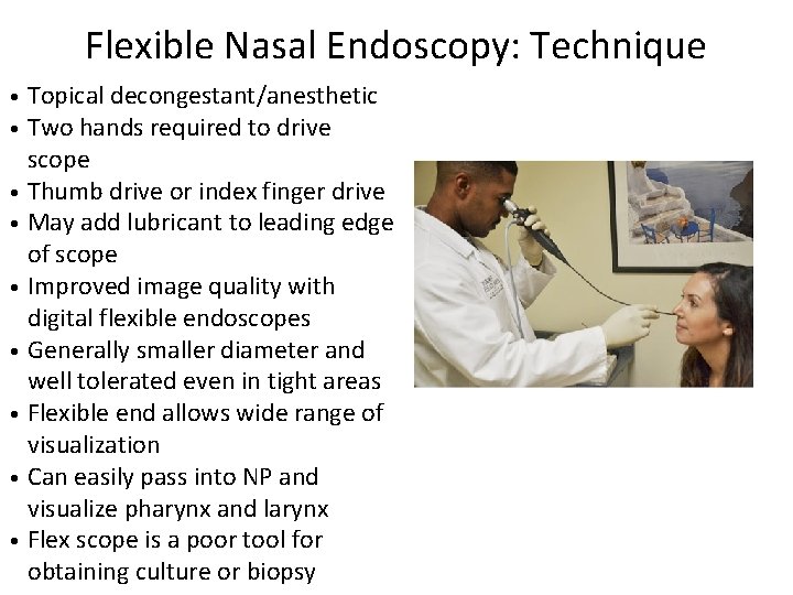 Flexible Nasal Endoscopy: Technique • • • Topical decongestant/anesthetic Two hands required to drive