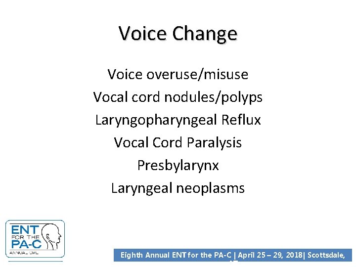 Voice Change Voice overuse/misuse Vocal cord nodules/polyps Laryngopharyngeal Reflux Vocal Cord Paralysis Presbylarynx Laryngeal