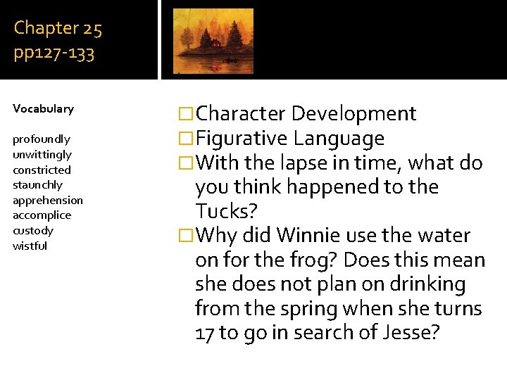 Chapter 25 pp 127 -133 Vocabulary profoundly unwittingly constricted staunchly apprehension accomplice custody wistful