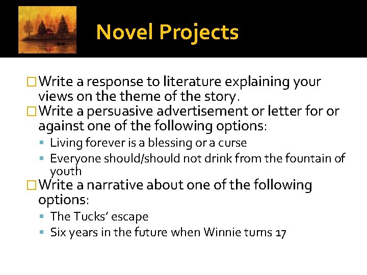 Novel Projects �Write a response to literature explaining your views on theme of the