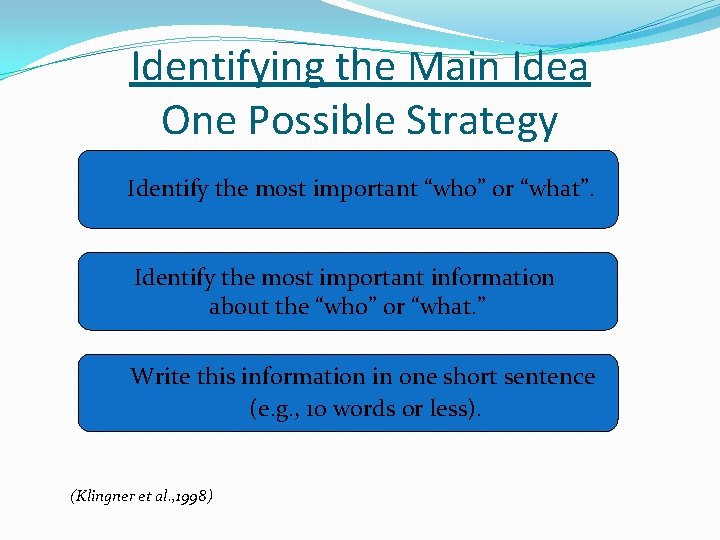 Identifying the Main Idea One Possible Strategy Identify the most important “who” or “what”.