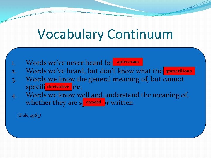 Vocabulary Continuum 1. 2. 3. 4. apivorous Words we’ve never heard before; Words we’ve
