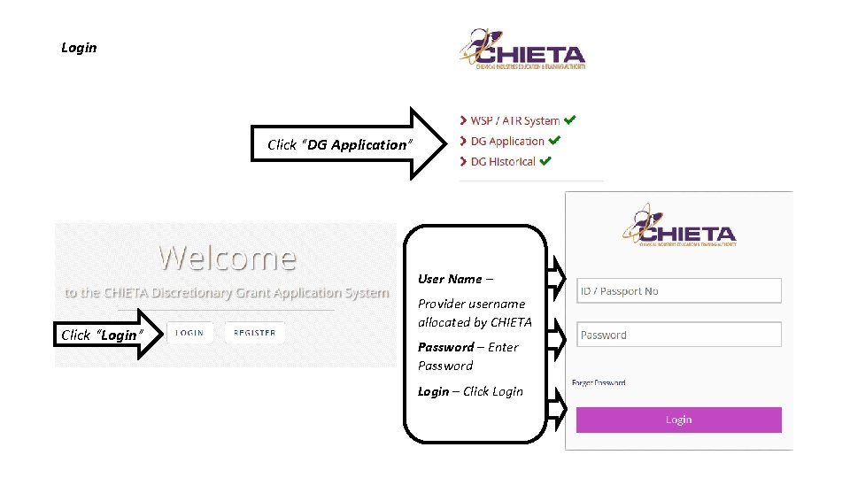 Login Click “DG Application” User Name – Click “Login” Provider username allocated by CHIETA