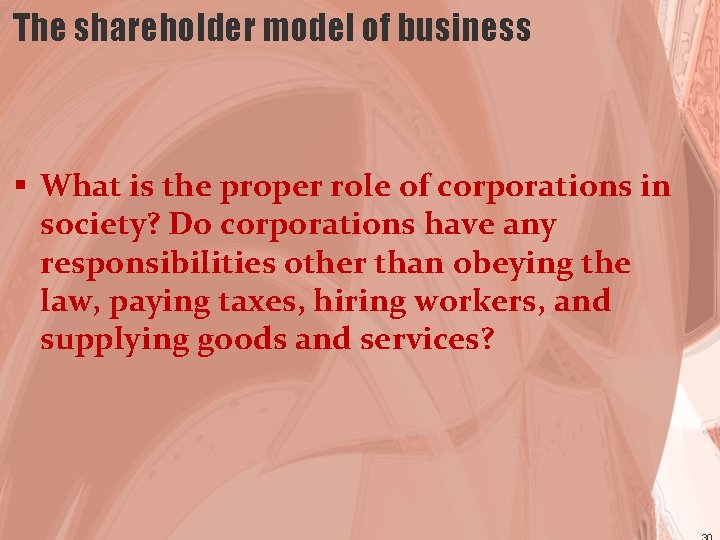 The shareholder model of business § What is the proper role of corporations in