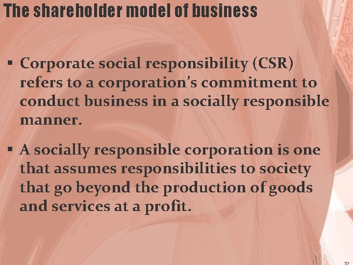 The shareholder model of business § Corporate social responsibility (CSR) refers to a corporation’s