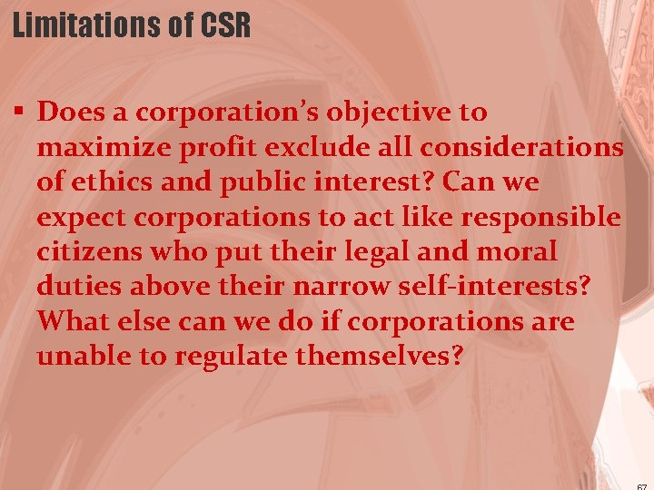 Limitations of CSR § Does a corporation’s objective to maximize profit exclude all considerations