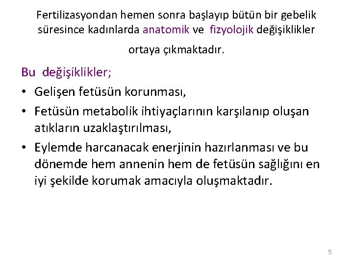 Fertilizasyondan hemen sonra başlayıp bütün bir gebelik süresince kadınlarda anatomik ve fizyolojik değişiklikler ortaya