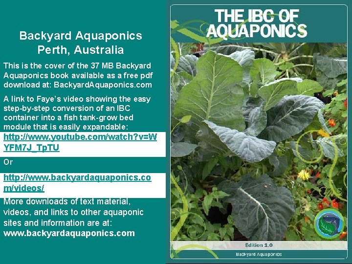 Backyard Aquaponics Perth, Australia This is the cover of the 37 MB Backyard Aquaponics