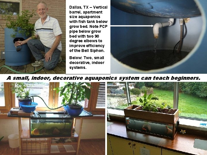 Dallas, TX – Vertical barrel, apartment size aquaponics with fish tank below grow bed.