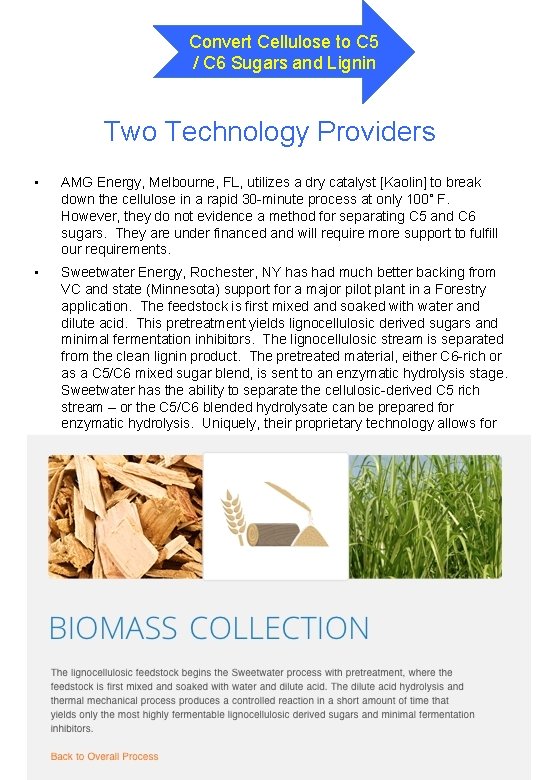 Convert Cellulose to C 5 / C 6 Sugars and Lignin Two Technology Providers