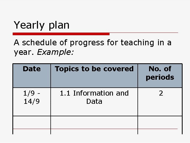 Yearly plan A schedule of progress for teaching in a year. Example: Date Topics