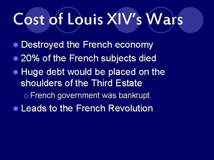 Cost of Louis XIV’s Wars l Destroyed the French economy l 20% of the