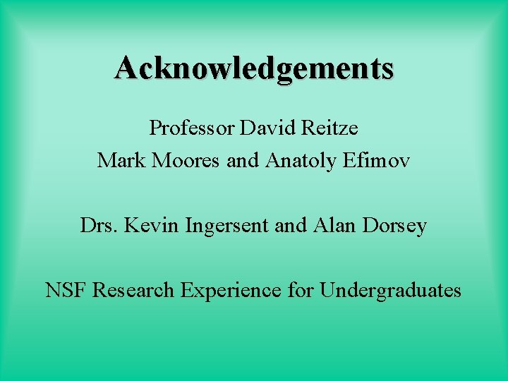 Acknowledgements Professor David Reitze Mark Moores and Anatoly Efimov Drs. Kevin Ingersent and Alan