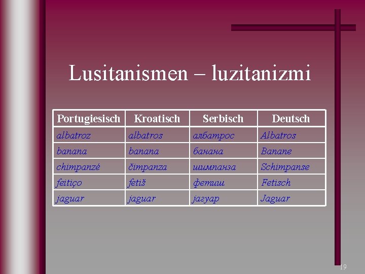 Lusitanismen – luzitanizmi Portugiesisch Kroatisch Serbisch Deutsch albatroz albatros албатрос Albatros banana банана Banane