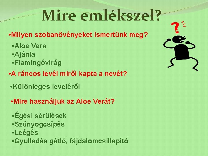 Mire emlékszel? • Milyen szobanövényeket ismertünk meg? • Aloe Vera • Ajánla • Flamingóvirág