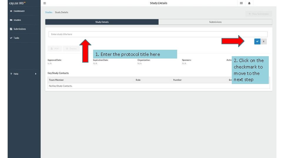 1. Enter the protocol title here 2. Click on the checkmark to move to