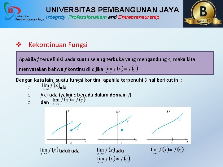 UNIVERSITAS PEMBANGUNAN JAYA Integrity, Professionalism and Entrepreneurship v Kekontinuan Fungsi Apabila f terdefinisi pada