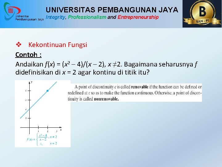 UNIVERSITAS PEMBANGUNAN JAYA Integrity, Professionalism and Entrepreneurship v Kekontinuan Fungsi Contoh : Andaikan f(x)