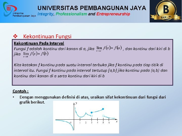 UNIVERSITAS PEMBANGUNAN JAYA Integrity, Professionalism and Entrepreneurship v Kekontinuan Fungsi Kekontinuan Pada Interval Fungsi