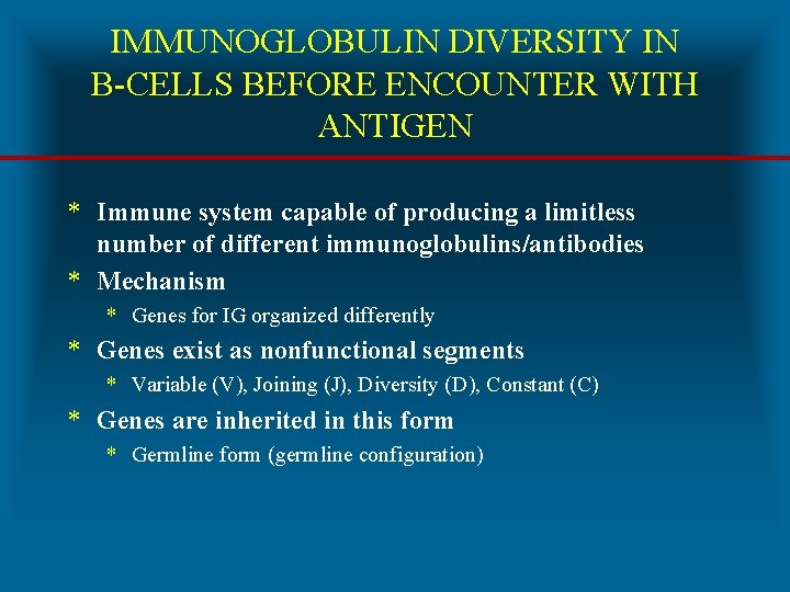IMMUNOGLOBULIN DIVERSITY IN B-CELLS BEFORE ENCOUNTER WITH ANTIGEN * Immune system capable of producing