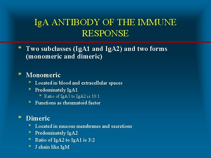 Ig. A ANTIBODY OF THE IMMUNE RESPONSE * Two subclasses (Ig. A 1 and