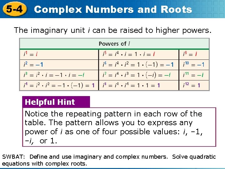 5 -4 Complex Numbers and Roots The imaginary unit i can be raised to
