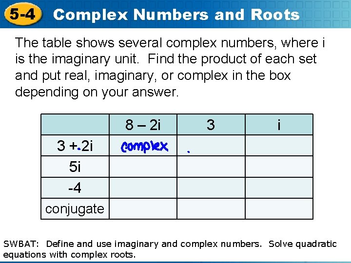 5 -4 Complex Numbers and Roots The table shows several complex numbers, where i