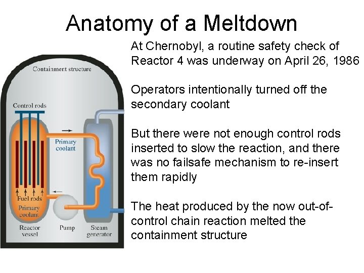 Anatomy of a Meltdown At Chernobyl, a routine safety check of Reactor 4 was