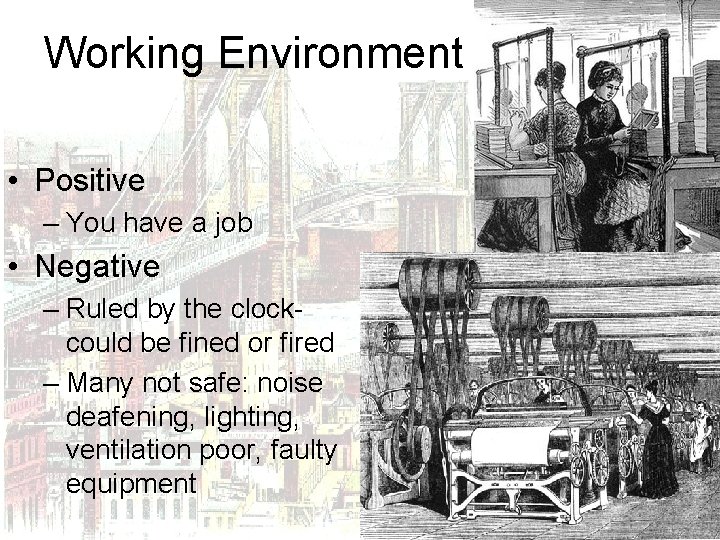 Working Environment • Positive – You have a job • Negative – Ruled by