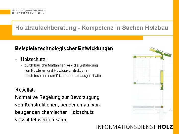 Holzbaufachberatung - Kompetenz in Sachen Holzbau Beispiele technologischer Entwicklungen - Holzschutz: - durch bauliche