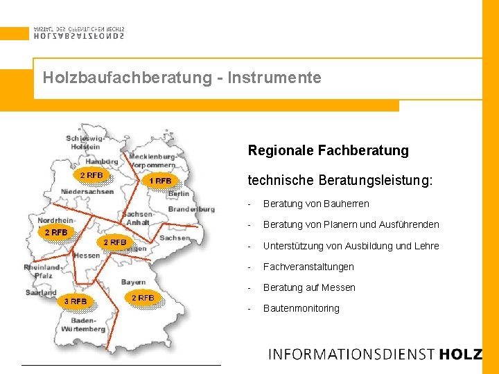 Holzbaufachberatung - Instrumente Regionale Fachberatung technische Beratungsleistung: - Beratung von Bauherren - Beratung von