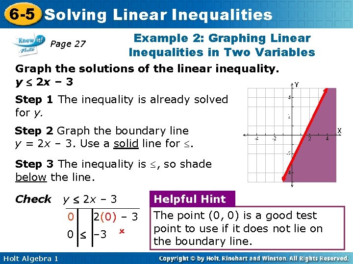 6 -5 Solving Linear Inequalities Page 27 Example 2: Graphing Linear Inequalities in Two