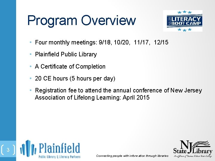 Program Overview • Four monthly meetings: 9/18, 10/20, 11/17, 12/15 • Plainfield Public Library
