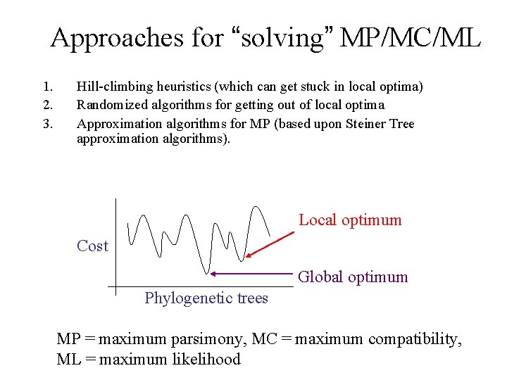 Approaches for “solving” MP/MC/ML 1. 2. 3. Hill-climbing heuristics (which can get stuck in