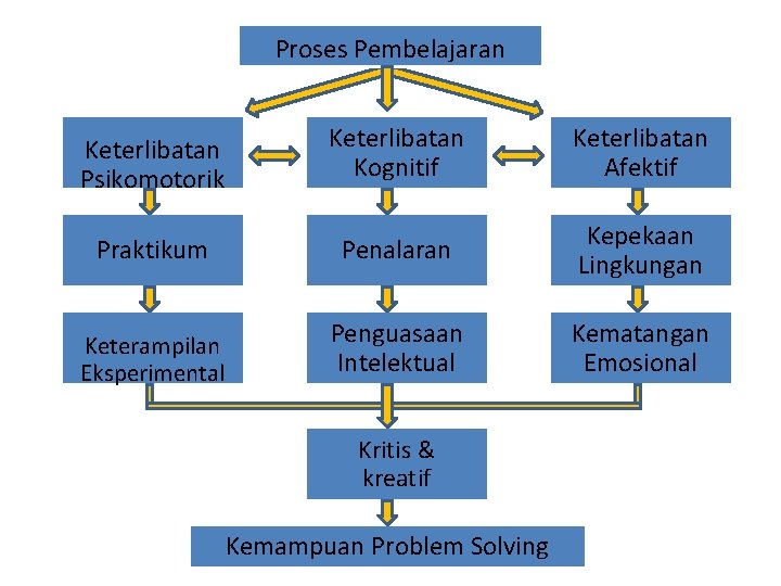 Proses Pembelajaran Keterlibatan Psikomotorik Keterlibatan Kognitif Keterlibatan Afektif Praktikum Penalaran Kepekaan Lingkungan Keterampilan Eksperimental