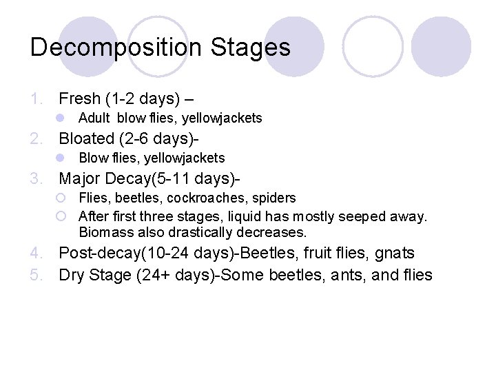 Decomposition Stages 1. Fresh (1 -2 days) – l Adult blow flies, yellowjackets 2.