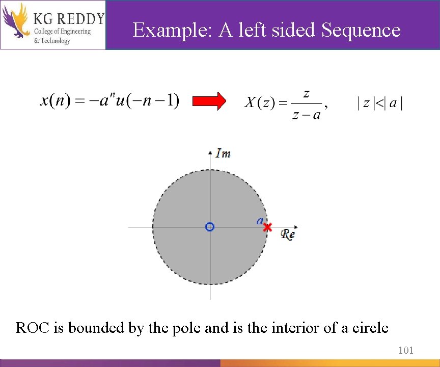 Example: A left sided Sequence ROC is bounded by the pole and is the