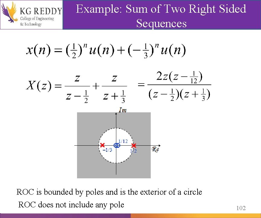 Example: Sum of Two Right Sided Sequences ROC is bounded by poles and is
