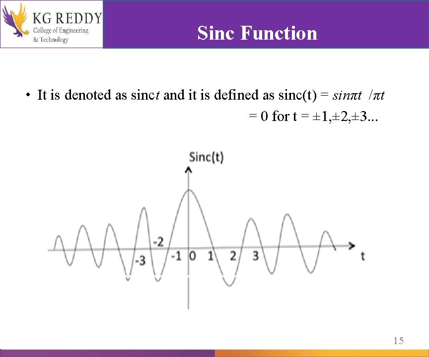 Sinc Function • It is denoted as sinct and it is defined as sinc(t)