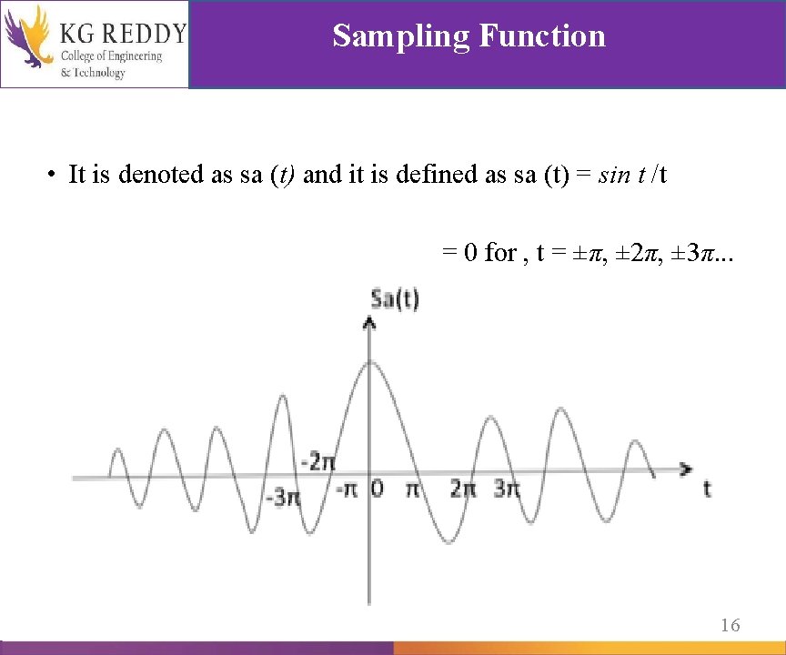 Sampling Function • It is denoted as sa (t) and it is defined as