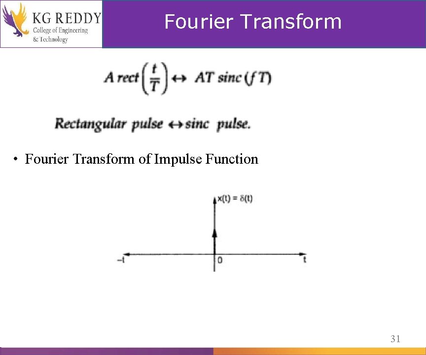 Fourier Transform • Fourier Transform of Impulse Function 31 
