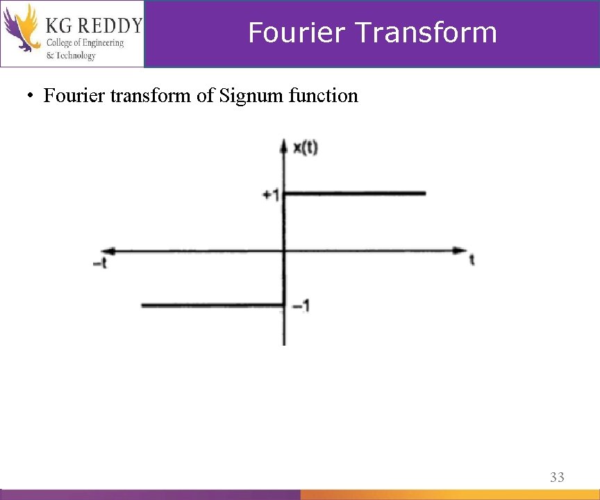 Fourier Transform • Fourier transform of Signum function Fourier Transform 33 