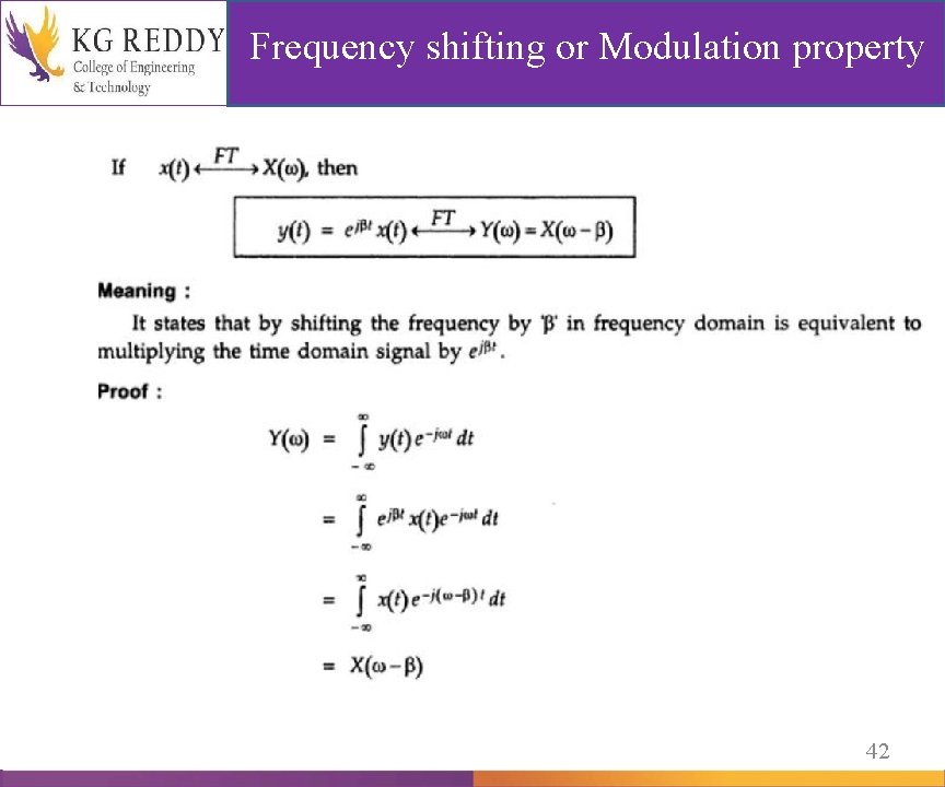 Frequency shifting or Modulation property 42 