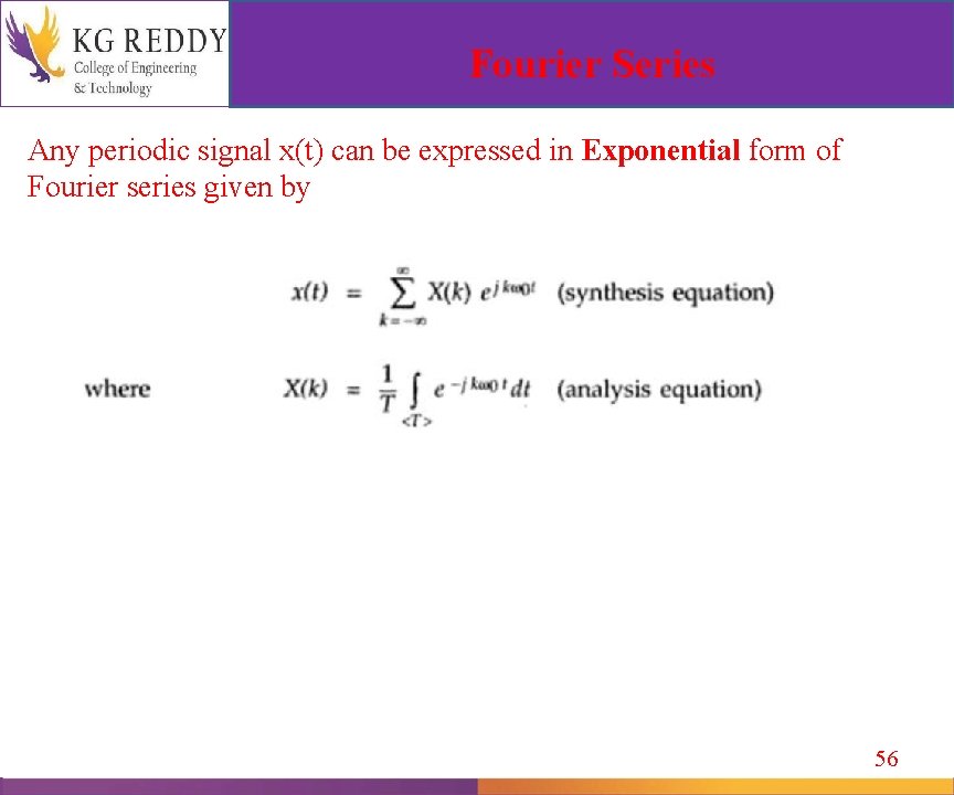 Fourier Series Any periodic signal x(t) can be expressed in Exponential form of Fourier