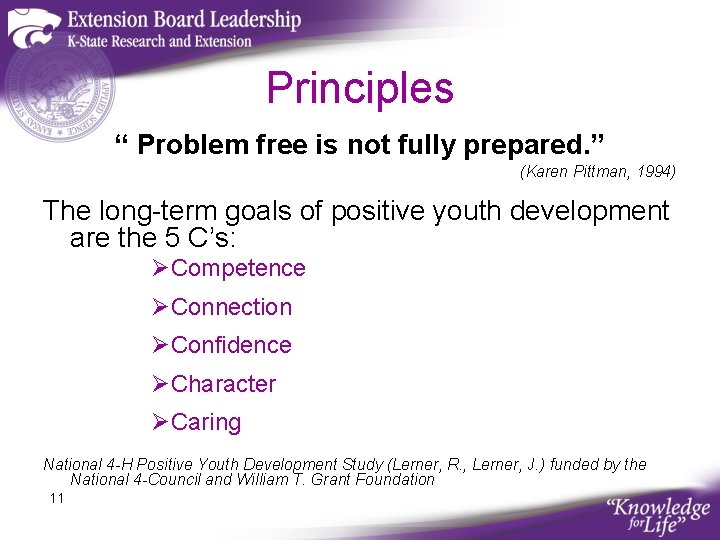 Principles “ Problem free is not fully prepared. ” (Karen Pittman, 1994) The long-term