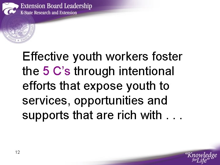 Effective youth workers foster the 5 C’s through intentional efforts that expose youth to