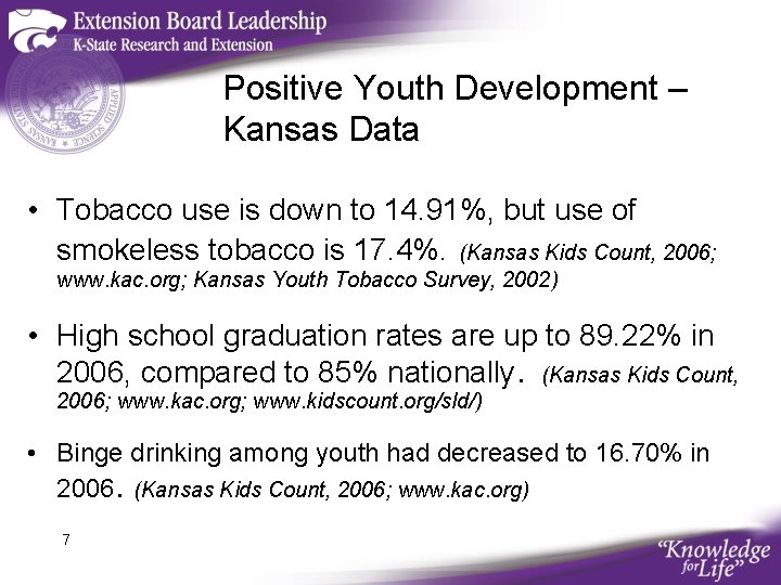 Positive Youth Development – Kansas Data • Tobacco use is down to 14. 91%,